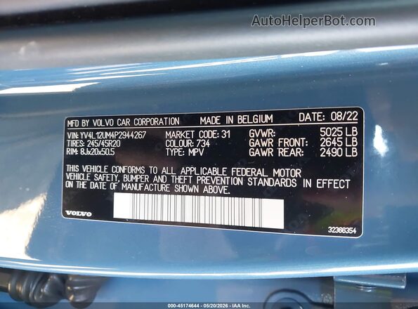 YV4L12UM4P2944267 2023 VOLVO XC40 Blue Vista del compartimento del motor