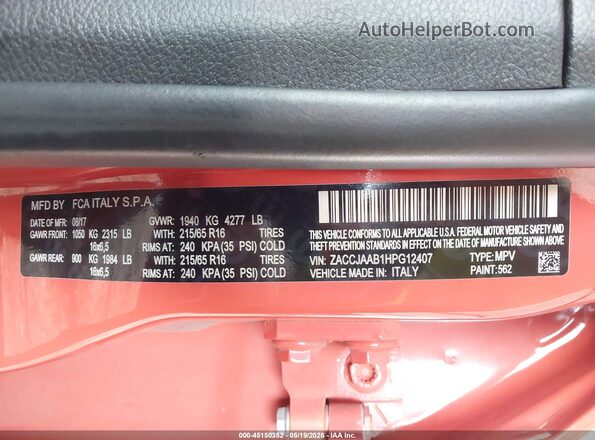 ZACCJAAB1HPG12407 2017 JEEP RENEGADE Orange Vista del compartimento del motor