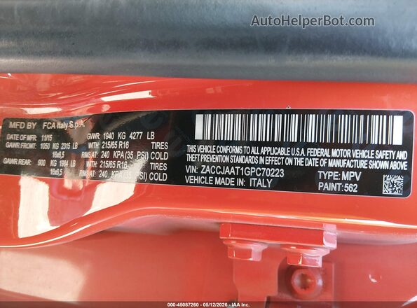ZACCJAAT1GPC70223 2016 JEEP RENEGADE Orange Engine compartment view