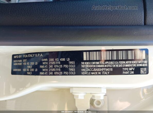 ZACCJBAB0HPF94018 2017 JEEP RENEGADE White ძრავის განყოფილების ხედი