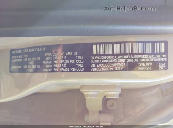 ZACCJBCB2HPE86271 2017 JEEP RENEGADE Tan 