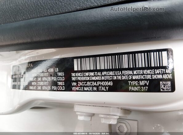 ZACCJBCB4JPH00649 2018 JEEP RENEGADE White ძრავის განყოფილების ხედი