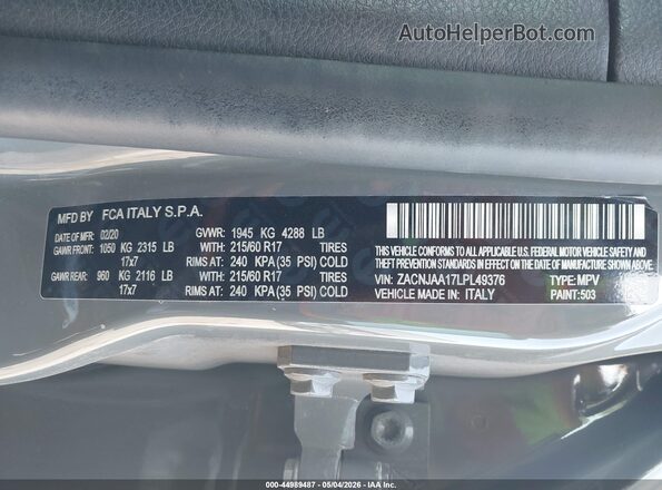 ZACNJAA17LPL49376 2020 JEEP RENEGADE Gray Engine compartment view