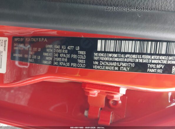 ZACNJAAB1LPM01710 2020 JEEP RENEGADE Оранжевый 