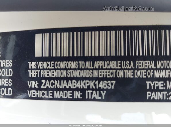 ZACNJAAB4KPK14637 2019 JEEP RENEGADE White Vista del compartimento del motor
