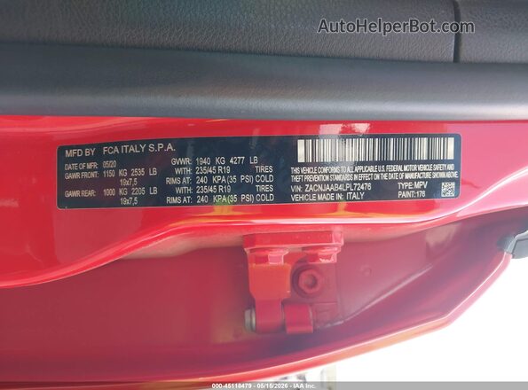 ZACNJAAB4LPL72476 2020 JEEP RENEGADE Red Շարժիչի բաժամունքի տեսք