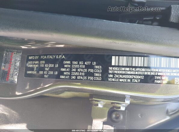 ZACNJABB0KPK00412 2019 JEEP RENEGADE Gray ძრავის განყოფილების ხედი