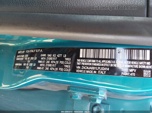ZACNJABB1LPL82414 2020 JEEP RENEGADE Зеленый 