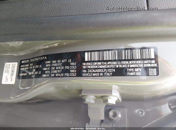 ZACNJABB3LPL10274 2020 JEEP RENEGADE Gray Вид підкапотного простору