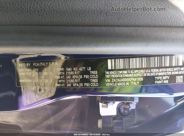 ZACNJABB5KPK41909 2019 JEEP RENEGADE Blue Engine compartment view