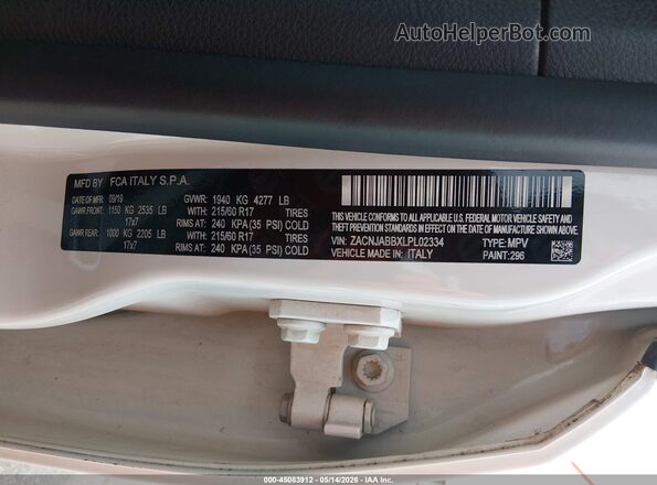 ZACNJABBXLPL02334 2020 JEEP RENEGADE White Vista del compartimento del motor