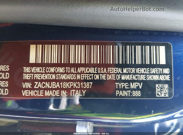 ZACNJBA18KPK31387 2019 JEEP RENEGADE Blue Շարժիչի բաժամունքի տեսք