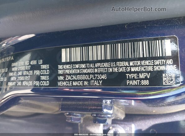 ZACNJBBB0LPL73046 2020 JEEP RENEGADE Blue Вид підкапотного простору