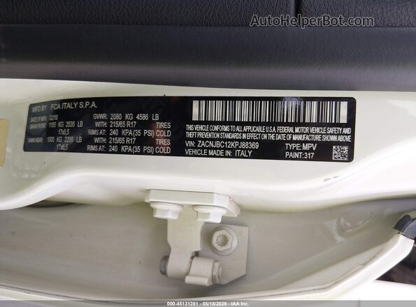 ZACNJBC12KPJ88369 2019 JEEP RENEGADE White Engine compartment view