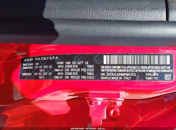 ZACNJCAB6MPM41410 2021 JEEP RENEGADE Red ძრავის განყოფილების ხედი