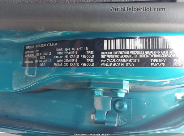 ZACNJCBB9MPM70916 2021 JEEP RENEGADE Teal ძრავის განყოფილების ხედი