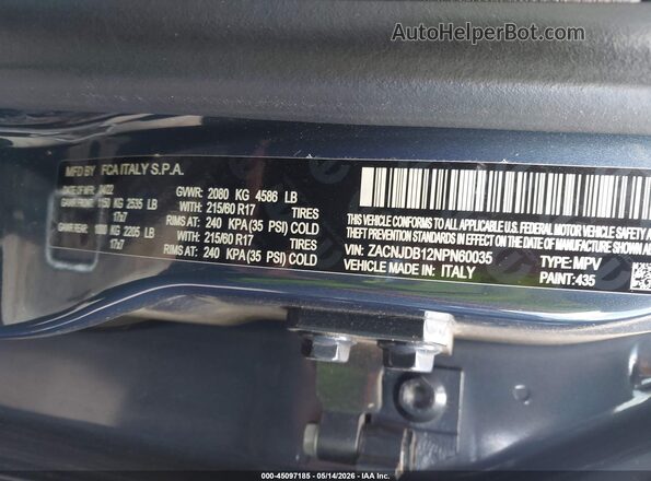 ZACNJDB12NPN60035 2022 JEEP RENEGADE Blue Շարժիչի բաժամունքի տեսք