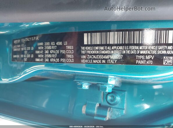 ZACNJDBB4MPM39207 2021 JEEP RENEGADE Turquoise Widok komory silnika