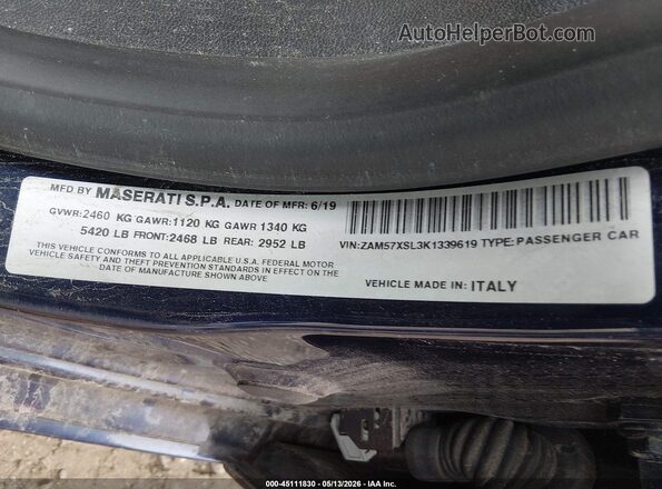 ZAM57XSL3K1339619 2019 MASERATI GHIBLI Blue Engine compartment view