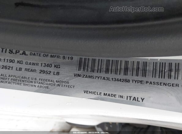 ZAM57YTA3L1344288 2020 MASERATI GHIBLI White Widok komory silnika