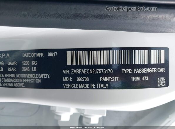 ZARFAECN2J7573170 2018 ALFA ROMEO GIULIA Белый Вид подкапотного пространства