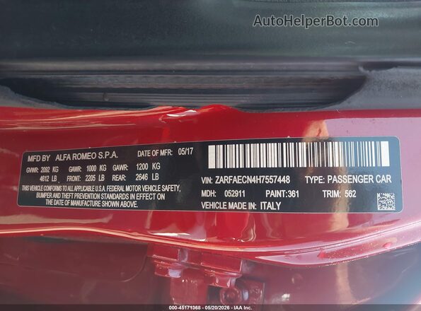 ZARFAECN4H7557448 2017 ALFA ROMEO GIULIA Red Շարժիչի բաժամունքի տեսք