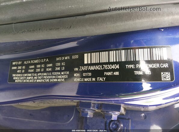 ZARFAMAN2L7630404 2020 ALFA ROMEO GIULIA Синий Вид подкапотного пространства