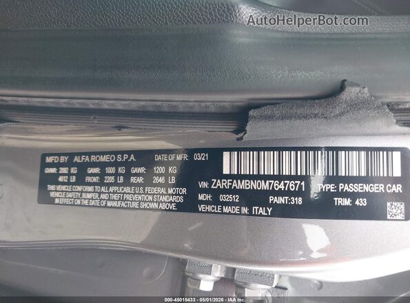 ZARFAMBN0M7647671 2021 ALFA ROMEO GIULIA Gray Շարժիչի բաժամունքի տեսք