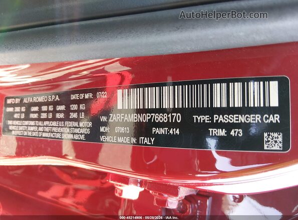 ZARFAMBN0P7668170 2023 ALFA ROMEO GIULIA Red ძრავის განყოფილების ხედი