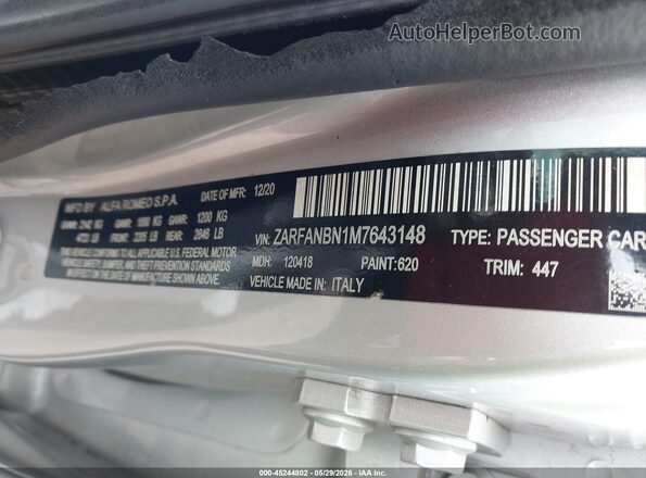 ZARFANBN1M7643148 2021 ALFA ROMEO GIULIA Серебряный Вид подкапотного пространства