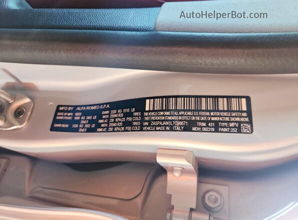 ZASPAJAN1L7C98671 2020 ALFA ROMEO STELVIO Синий Вид наклейки с VIN-кодом