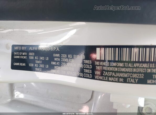 ZASPAJAN6M7C98232 2021 ALFA ROMEO STELVIO Белый Вид подкапотного пространства