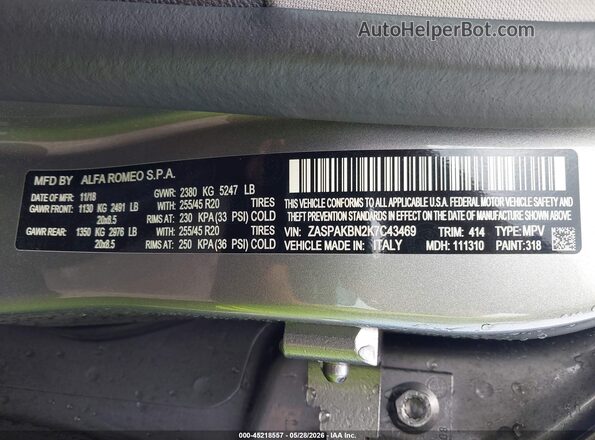 ZASPAKBN2K7C43469 2019 ALFA ROMEO STELVIO Gray 