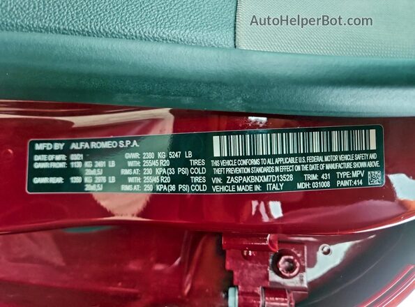 ZASPAKBNXM7D13528 2021 ALFA ROMEO STELVIO Red VIN կոդի պիտակի տեսք