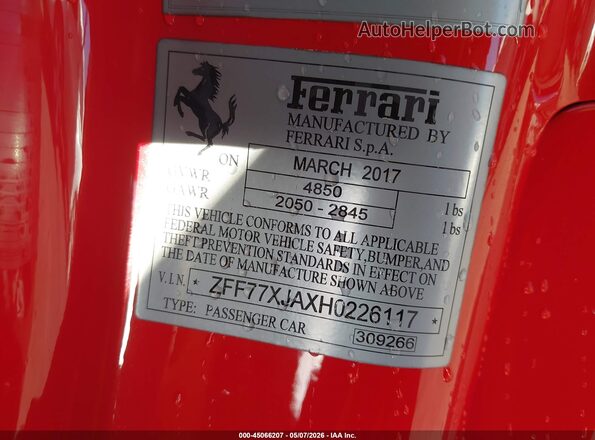 ZFF77XJAXH0226117 2017 FERRARI CALIFORNIA Red Vista del compartimento del motor