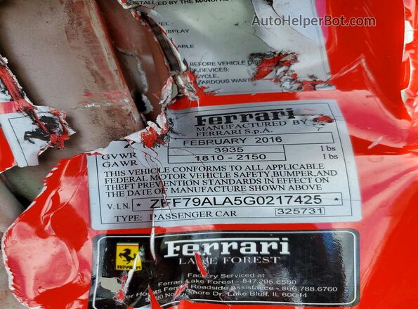 ZFF79ALA5G0217425 2016 FERRARI 488 Красный Вид подкапотного пространства