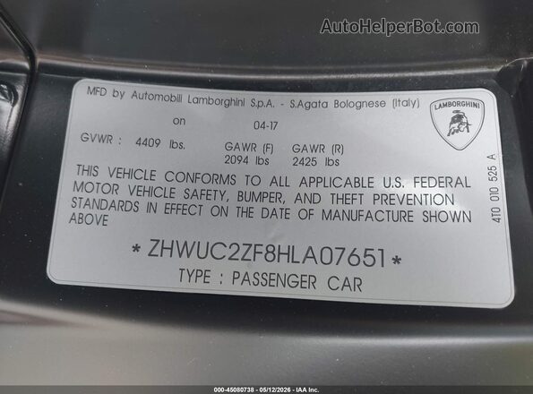 ZHWUC2ZF8HLA07651 2017 LAMBORGHINI HURACAN Черный 