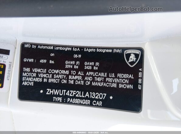 ZHWUT4ZF2LLA13207 2020 LAMBORGHINI HURACAN EVO Белый 