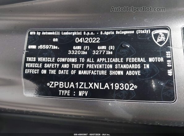 ZPBUA1ZLXNLA19302 2022 LAMBORGHINI URUS Gray Շարժիչի բաժամունքի տեսք