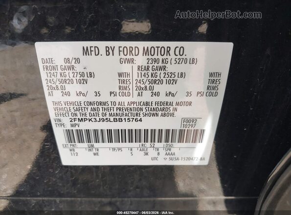 2FMPK3J95LBB15764 2020 FORD EDGE Black ძრავის განყოფილების ხედი