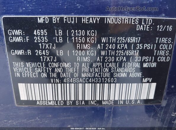 4S4BSACC4H3312603 2017 SUBARU OUTBACK Blue ძრავის განყოფილების ხედი