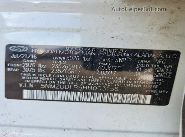 5NMZUDLB6HH003156 2017 HYUNDAI SANTA FE White 