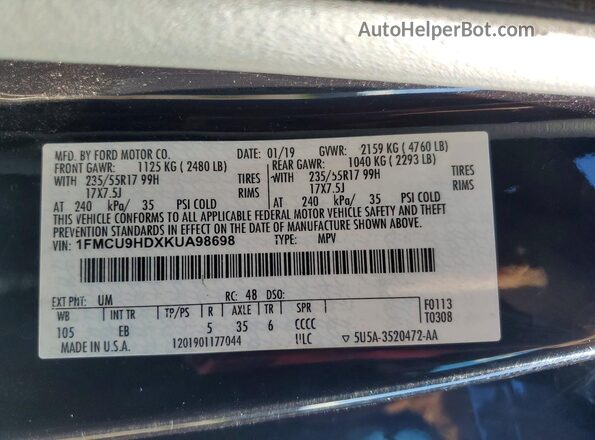 1FMCU9HDXKUA98698 2019 FORD ESCAPE Black Widok wnętrza 360 stopni