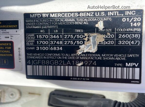 4JGFB8GB2LA180974 2020 MERCEDES-BENZ GLE White Հետևի նստատեղերի տեսք