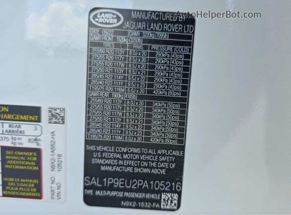 SAL1P9EU2PA105216 2023 LAND ROVER RANGE White 