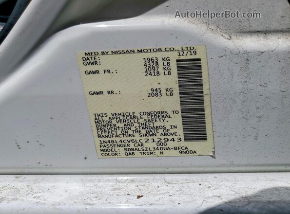 1N4BL4CV6LC212943 2020 NISSAN ALTIMA White Vista de la etiqueta del VIN