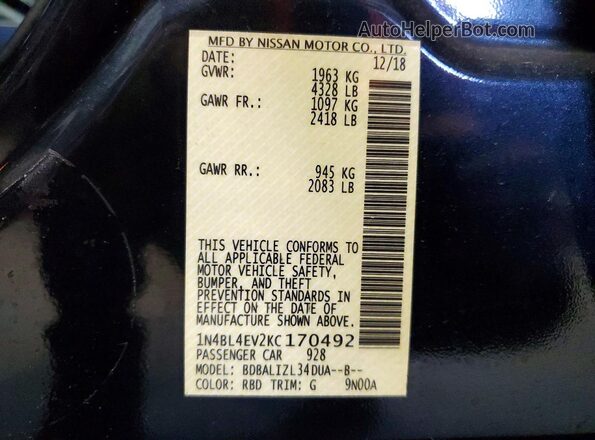 1N4BL4EV2KC170492 2019 NISSAN ALTIMA Charcoal 