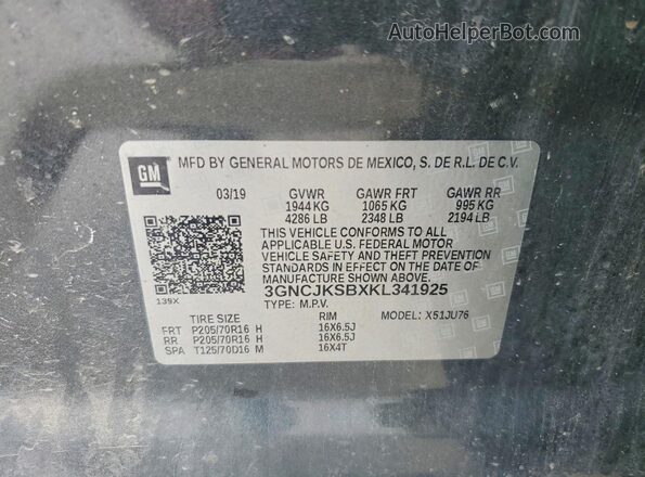 3GNCJKSBXKL341925 2019 CHEVROLET TRAX Gray 