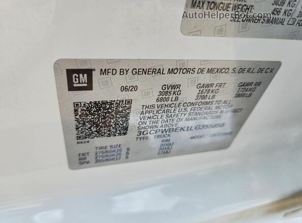 3GCPWBEK1LG355858 2020 CHEVROLET SILVERADO White Widok naklejki z numerem VIN