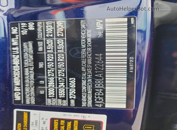 4JGFB4JB8LA122644 2020 MERCEDES-BENZ GLE-CLASS Blue Widok naklejki z numerem VIN
